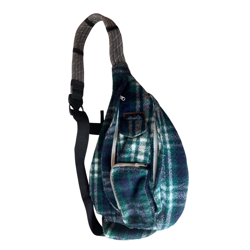 KAVU Rope Bag Green Navy Plaid Fleece Sling Backpack Crossbody Hiking Bag
